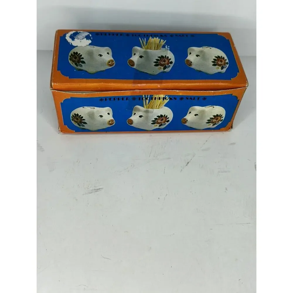 Vntg Floral Pig Salt and Pepper Shakers Toothpick Holder 3 Piece Set New AS IS